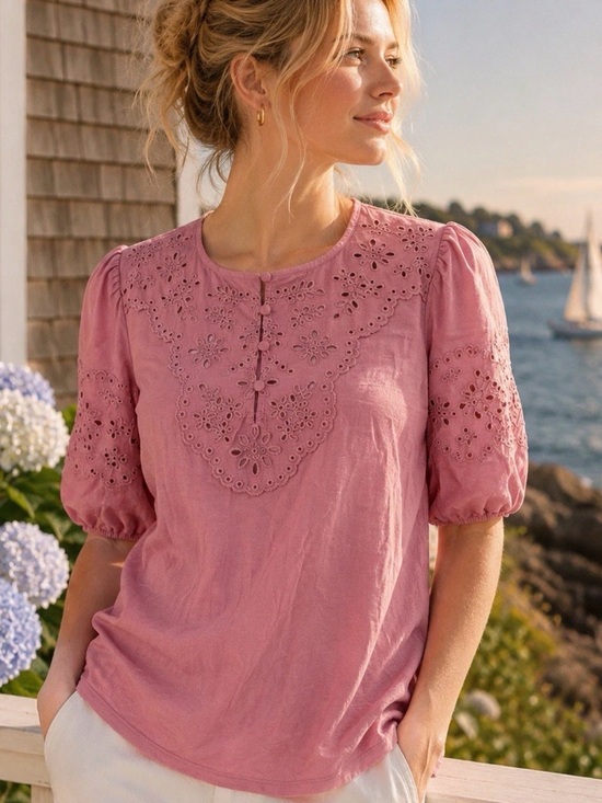Boden Tops - Boden Ada Eyelet Embroidery Knit Puffed Sleeve Top Cotton /Modal Lilas pink Sz 4